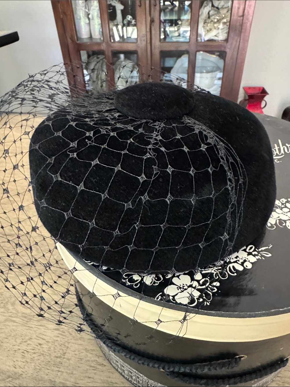 Vintage black velvet Livingston Bros. Mesh veil pillbox hat Woodward & Lothrop